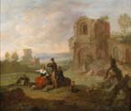ruin landscape with resting hikers